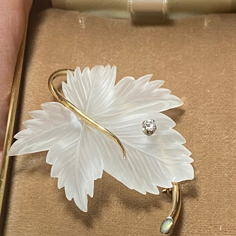 Gold and White Leaf Crystal Brooch